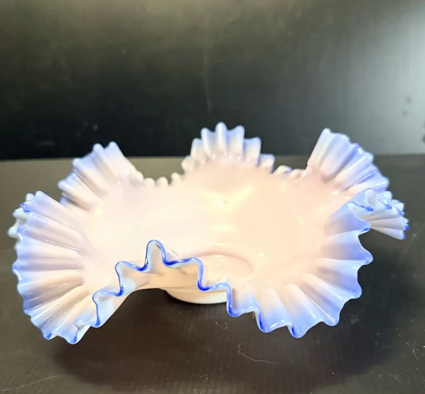 ANTIQUE VICTORIAN ERA LAVENDER & BLUE EDGED RUFFLED BRIDE'S BASKET BOWL