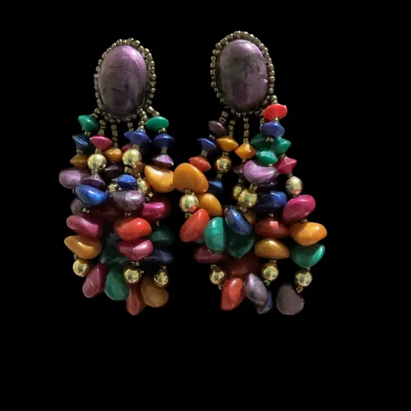 Vintage 1980s Multi Colored Beaded Cluster Dangling Pierced Earrings.