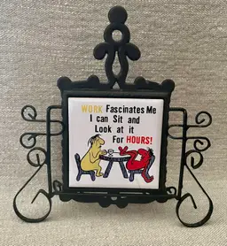 Vintage Humor Black Ironwork Trivet Napkin Holder Kitschy Work Fascinates Me