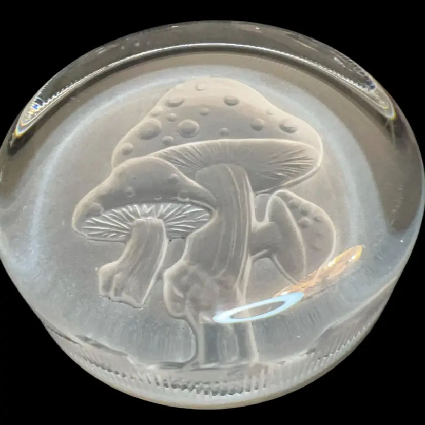 Mushroom Alert!!! Clear Glass paperweight with intaglio-carved mushrooms by Val St. Lambert. Textured Edge .