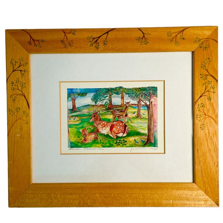 Signed and Framed Miriam Abrahamson(?) Watercolor Print of Deer Family