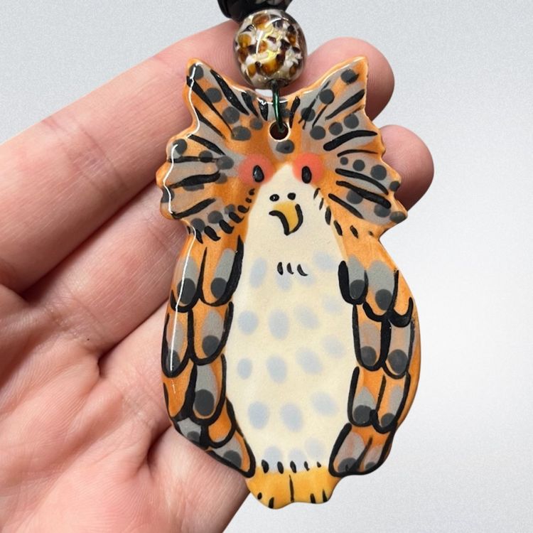 Art Pottery Owl Ornament With Lampwork Glass Owl Bead, Ceramic Owl Wall Art, Handmade Ceramic Owl Ornament With Glass Beads