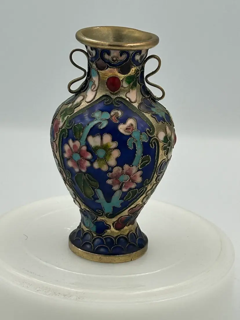 Vintage Small Double Handle Closionne Enamel Brass Vase, Hand Painted Floral