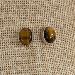 Vintage 925 Sterling Silver Tigers Eye Post Earrings Oval Cabochon Bezel Set