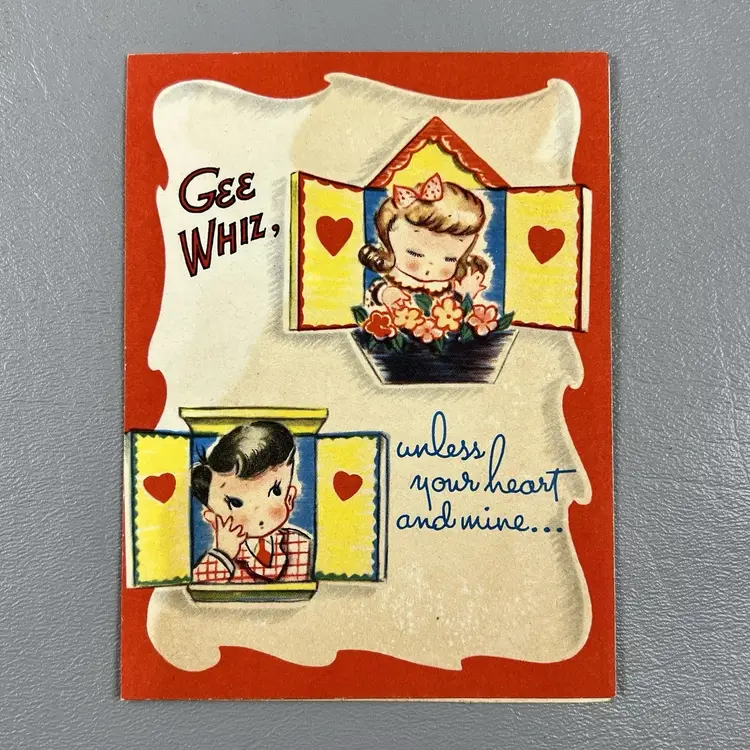 Vintage Valentine Card "Gee Whiz" Boy Girl Looking Out Windw Hearts 5"
