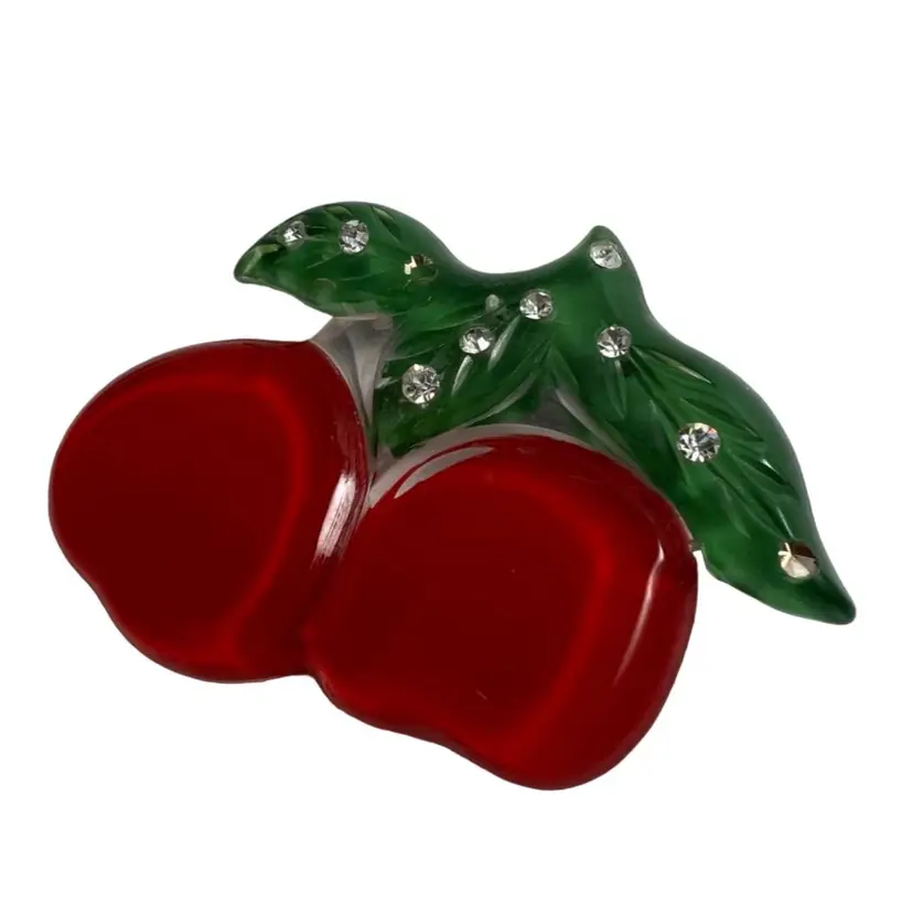 Vintage Reverse Painted Cherry Lucite Pin Brooch With Rhinestones