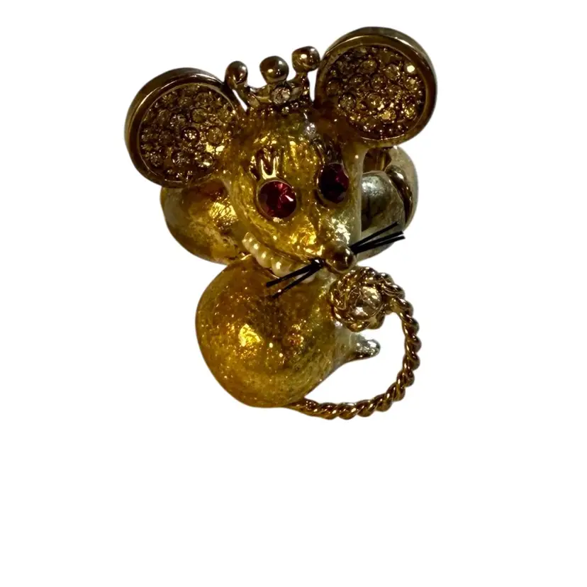 M - Mouse Rare Signed Betsy Johnson “Tsarina Princess”Goldtone Adjustable Ring - Tiara, Pearl Necklace, Rhinestone Ears, Rhinestone Eyes & Tail Accent - 1.5”