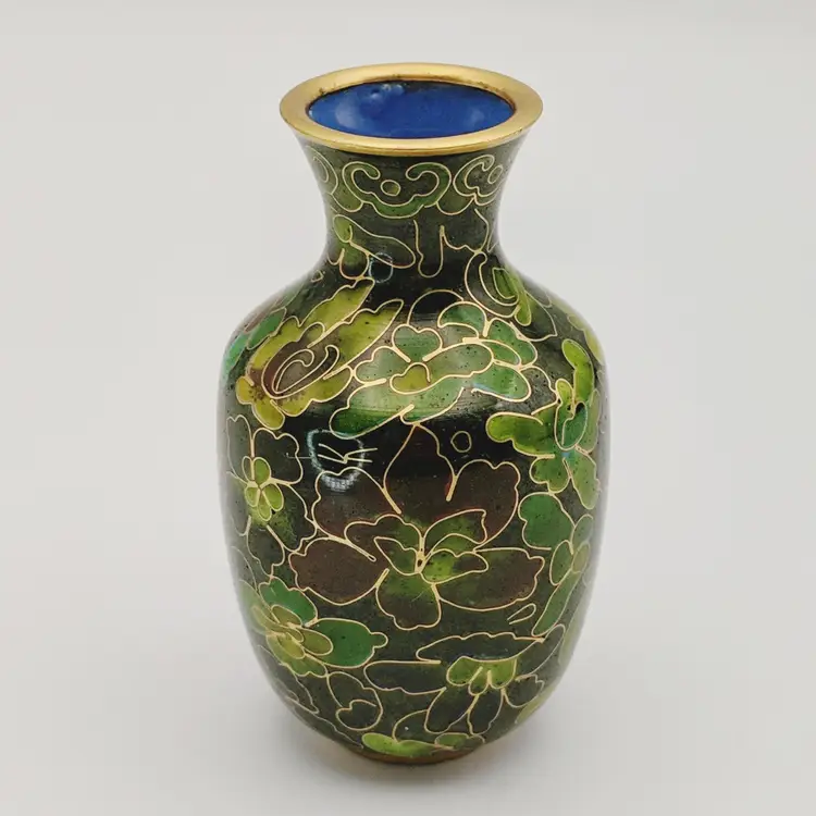 Chinese Cloisonné Miniature Vase Floral  3.25" Green Enamel Gold Color Accents