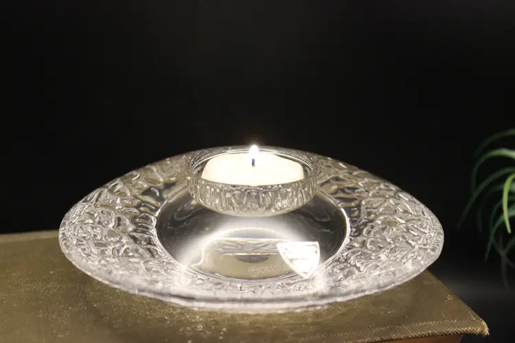 Orrefors Sweden Discus Crystal Tea Light Candle Holder Designed by Lars Hellsten 5.5" Wide 1.4" Height Embossed Orrefors and Original Sticker