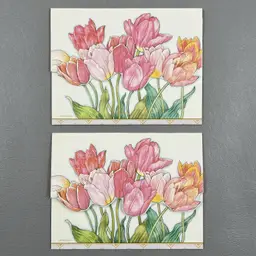 Vintage Lot Of 2 Die Cut Pink Tulips Flowers Fold A Note Cards Spring Watercolor Style