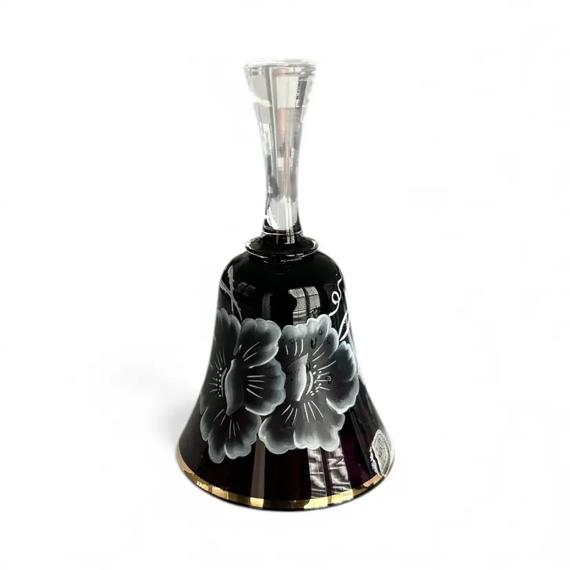 Marked Bohemia Czech Crystal Purple Bell with Hand Painted Flowers Gold Trim
