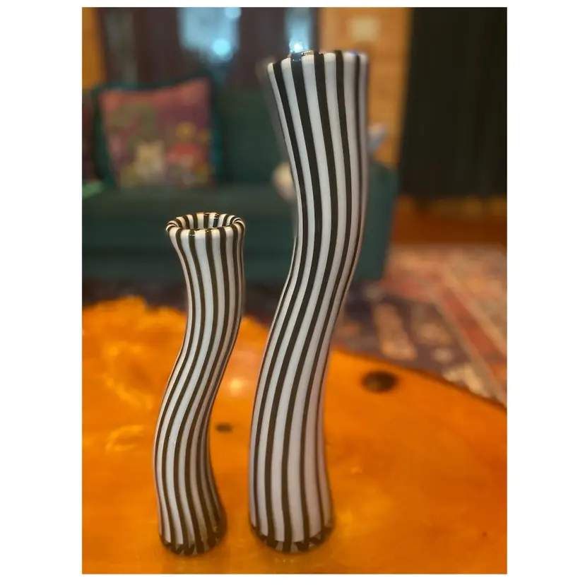 Black & White Striped Art Glass Vases – Set of 2 | 15” & 11” | Modern Wavy Silhouette