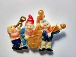 Vintage Gnome Elf Musicians Pin Brooch Japan Cream Red Blue Musical Band