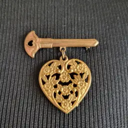Vintage Filigree Brass Metal Floral Puff Heart & Key Brooch Lapel Pin 1.5"