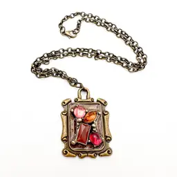 Handmade Pendant Necklace Gold Tone Multicolor Repurposed Jewelry