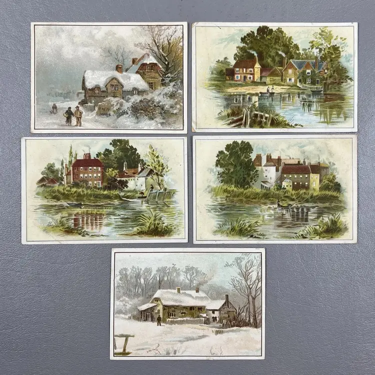 Vintage Lot Of 5 Cards Cottage Scenes Winter Spring Trade Cards 3x4"