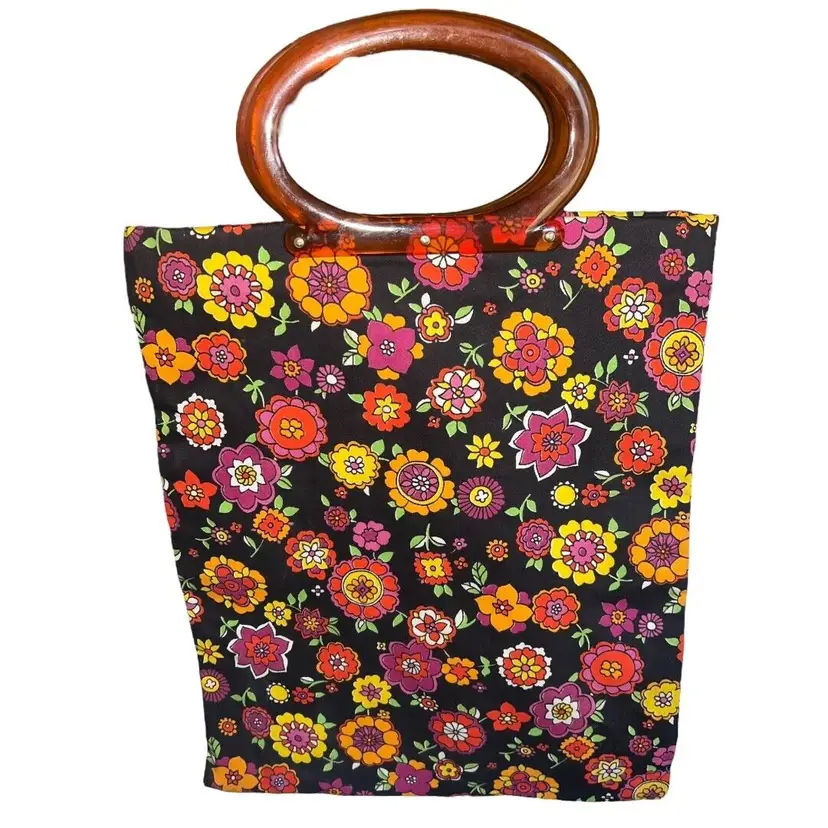 Vintage Mid Century Black Floral Ladys Pride Large Tote Bag Lucite Handle