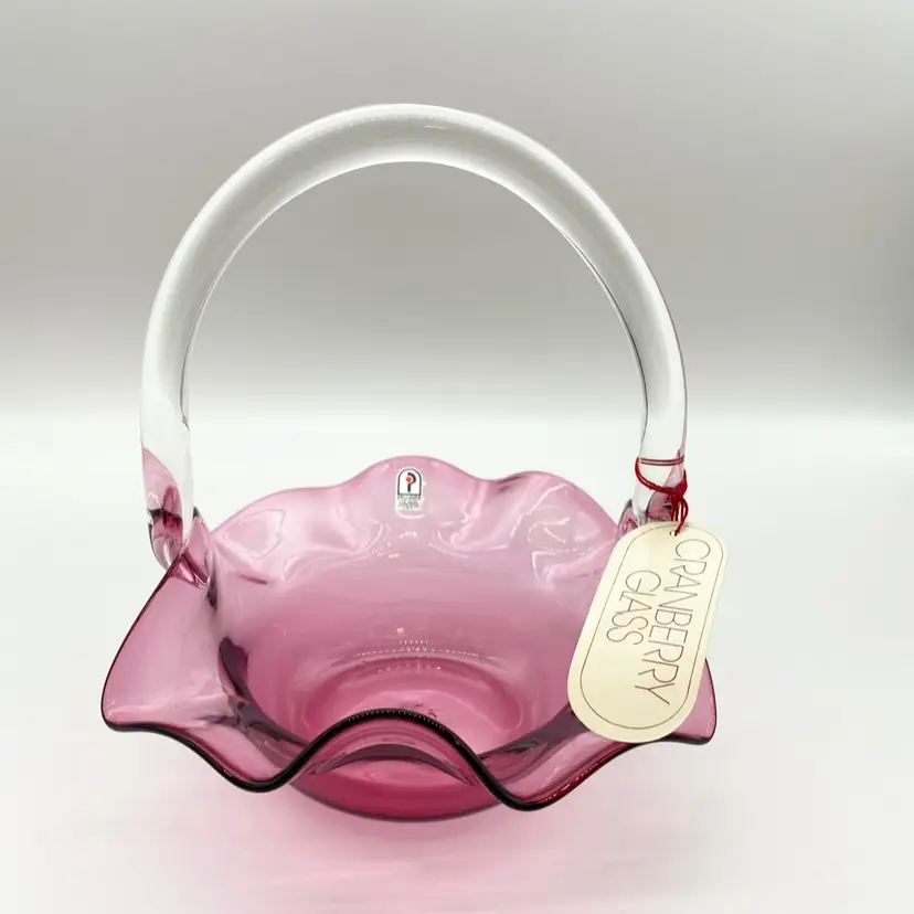 Pilgrim Hand Blown Cranberry Glass Basket Ruffle Edge 10"