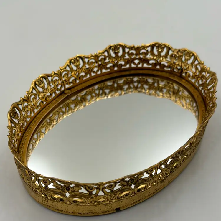 Vintage Vanity Mirror Gold Tray Side Detail Oval Mirror Beautiful Pice Well Maid