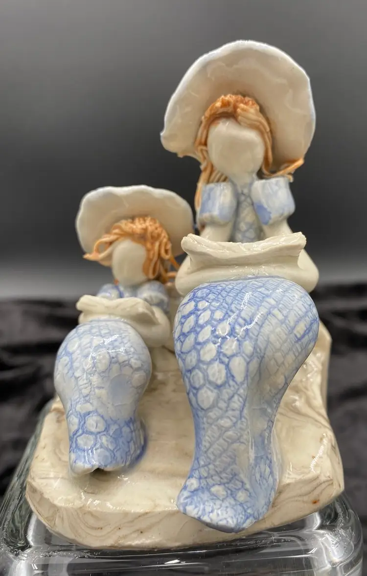 Studio Pottery Figurine, Mother & Daughter Reading on the Beach, Sand, Signed