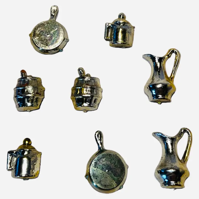 Vintage Tin Metal Refrigerator Magnets Assorted Miniature Kitchenware's Set Of 7