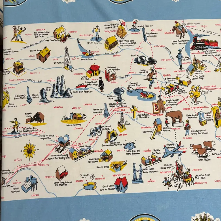 11- Vtg State Of Kansas Tablecloth Beautiful Colors Nice Condition