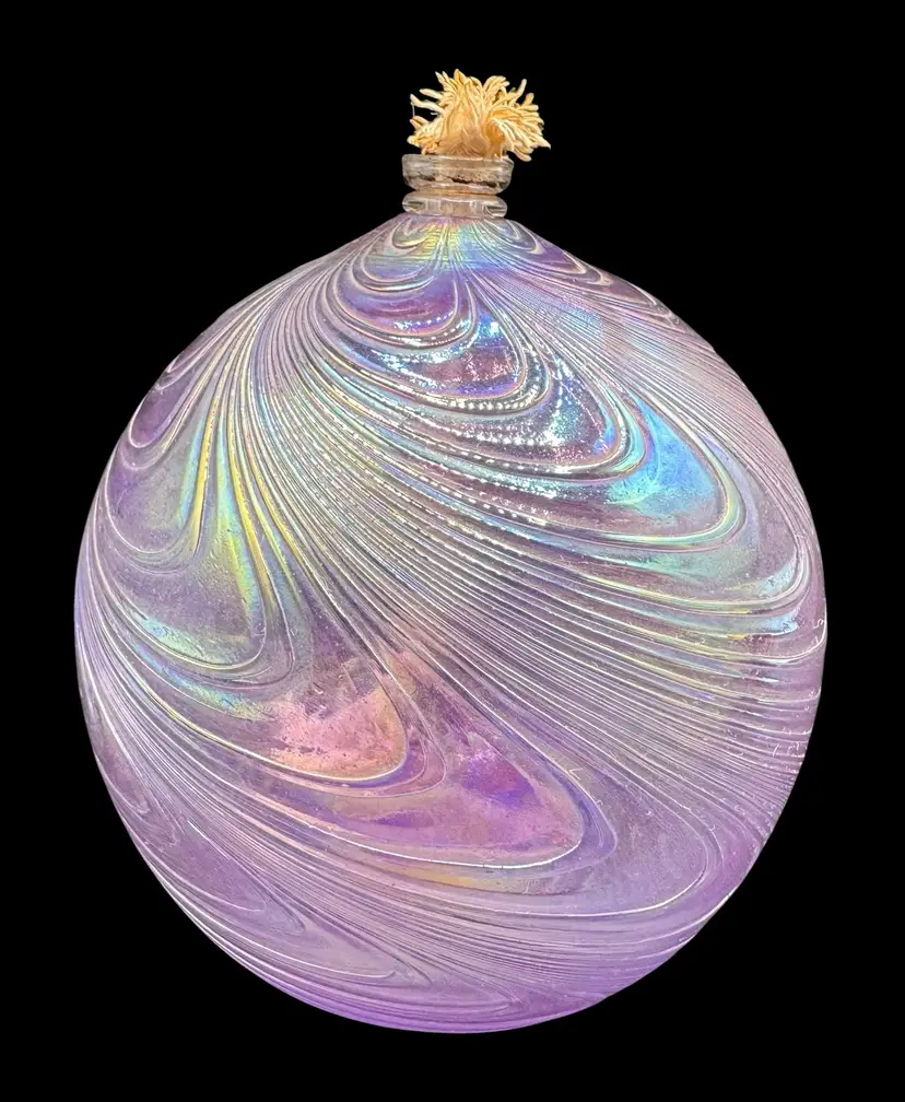 Hand Blown Glass Oil Lamp Round Ball Globe Swirl Iridescent Light Pink Purple