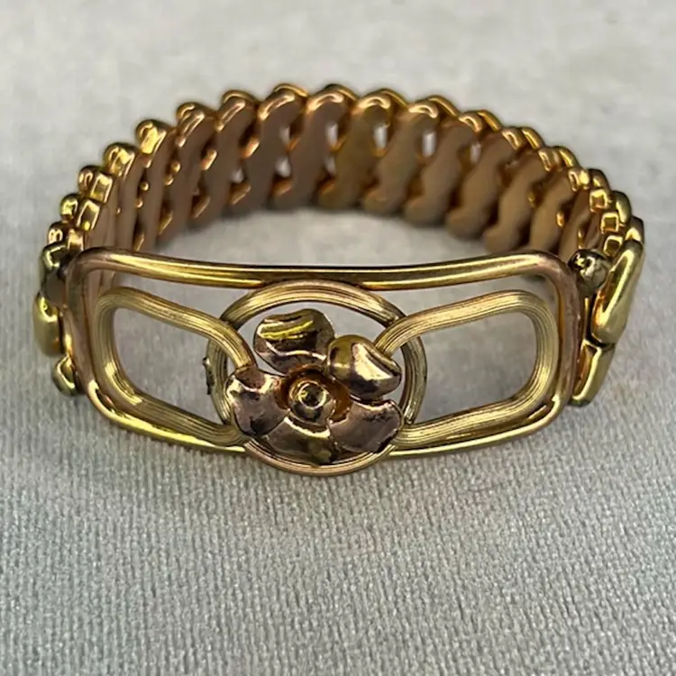 Antique Child’s Size Flower Sweetheart Bracelet Rich Gold Tone Expandable Speidel