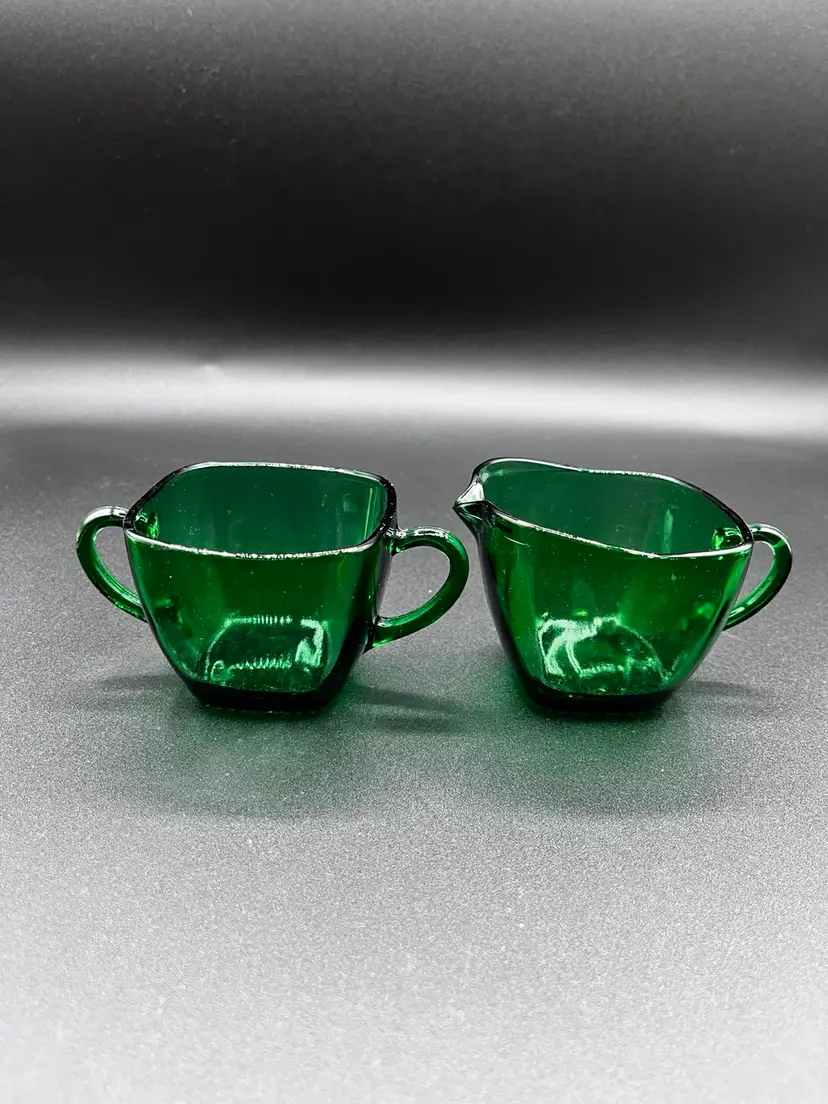Anchor Hocking Charm Forest Green Glass Creamer And Sugar 🌲