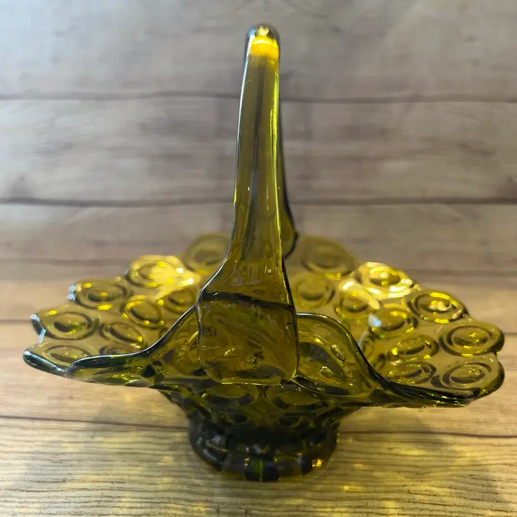 Vtg Avocado Green Bullseye Dot Glass Basket Made In Italy 8x8x6.5” MCM