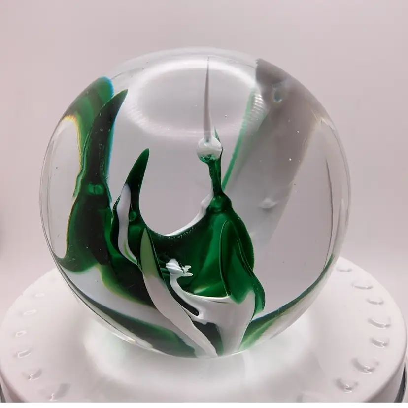 Wedgwood England Glass Paperweight Hand Made Green White Art Glass 2.75”