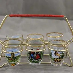 Vintage German Souvenir Shot Glasses Barware w/ holder
