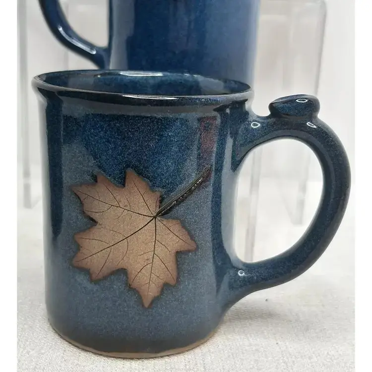 Vintage Hand Thrown Pottery Blue Glazed Pottery Leaf Coffee Mug or Cup Signed & Dated ~ 5 available