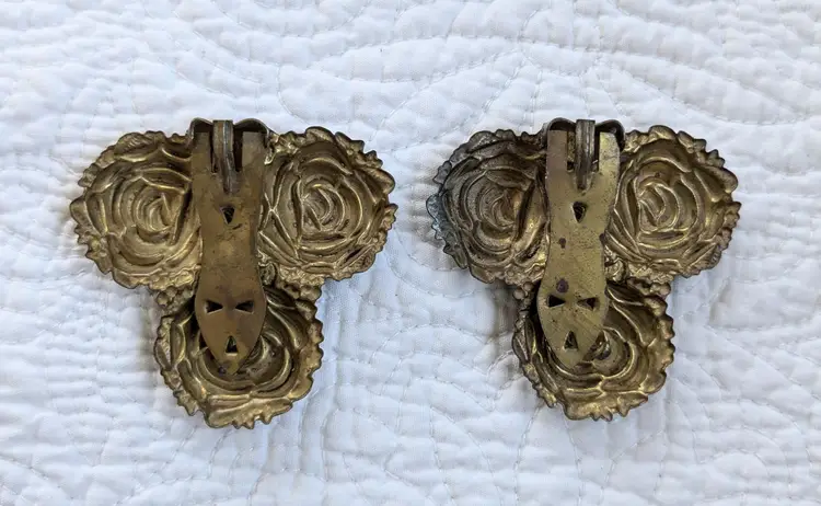 Pair of Embossed Art Nouveau Floral Dress Clips in Antique Brass Tone