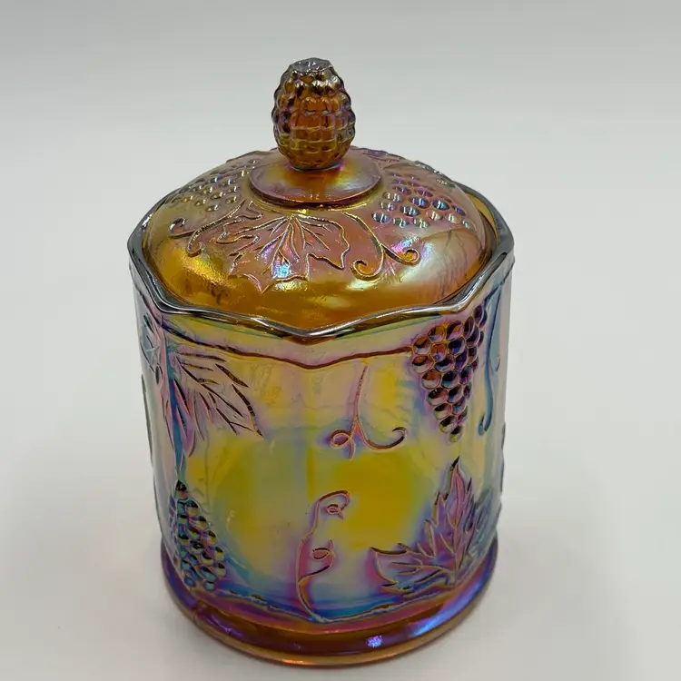 Carnival Glass Vintage Canister Biscuit Jar Iridescent  Amber Harvest Grapes