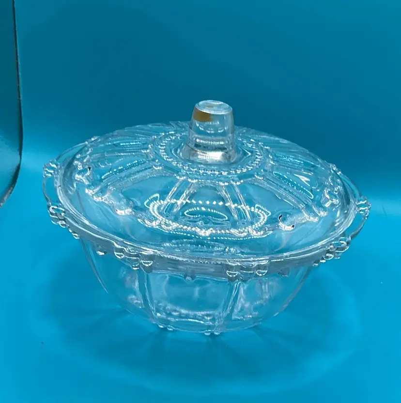 Vintage Pressed Glass Footed Candy Dish with Lid - Oysters & Pearls Pattern