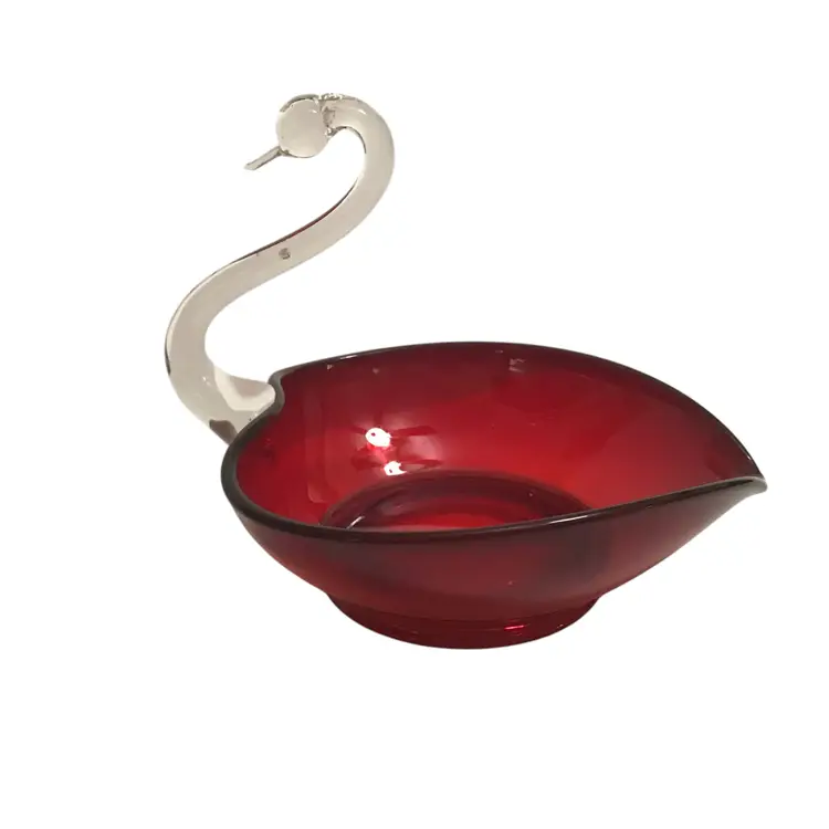 Vintage Martinsville Viking Glass Sweetheart Swan Red & Clear Art Glass Dish MCM
