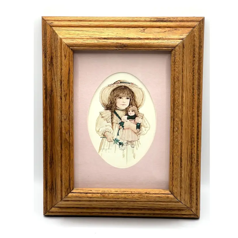 Jan Hagara Wooden Framed Print Victorian Girl With Doll 1984 Wall Decor Art 9.5 in Height