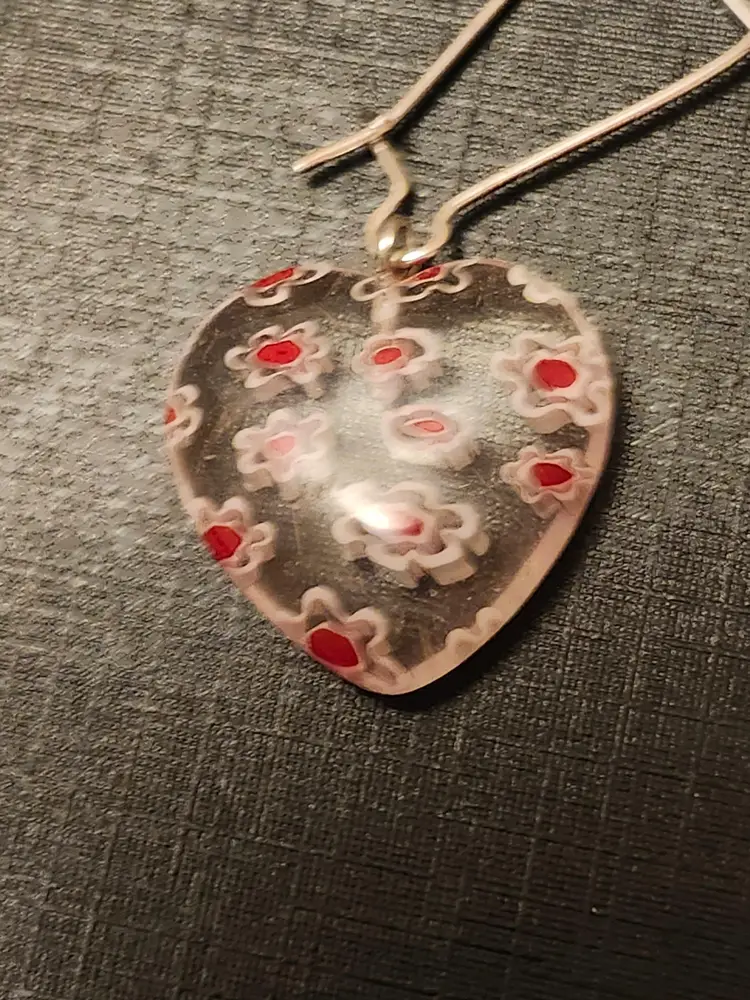 White And Red Millifiori Heart Earrings