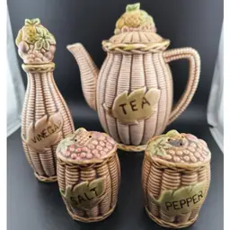 Vintage Tilso Basket Weave Leaf Print Teapot, Vinegar Bottle & Salt Pepper Shakers Marked