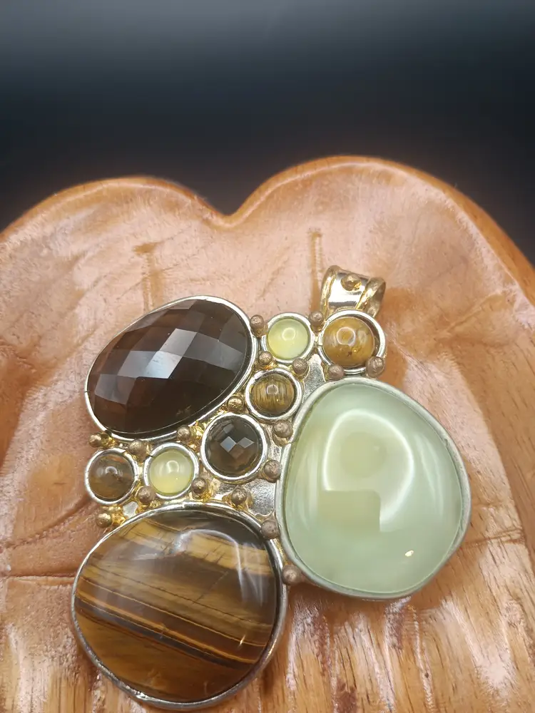 Tiger eye, Smokey Quartz, and Agate Silver Plated Pendant.