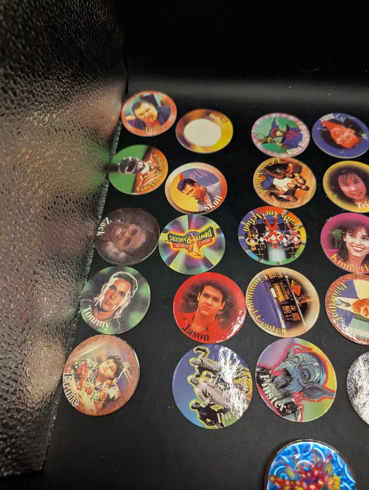 Vintage 1990's Lot of 43/50 Mighty Morphin Power Rangers Pog Set With Plastic Enemy Pog.