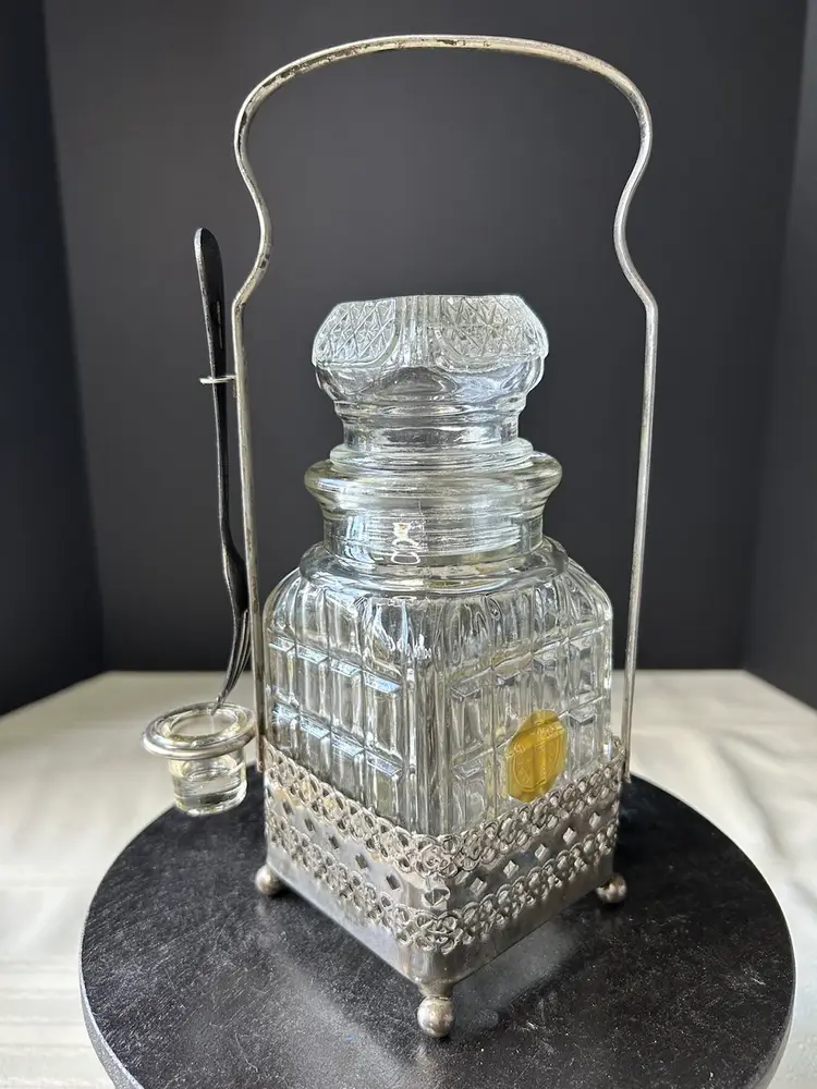 Unique Vintage Sheffield Glass Pickle Jar - Holder, Fork, Drip Cup