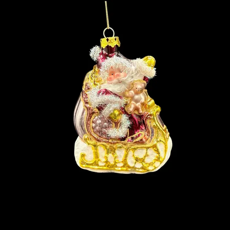 Vintage Christmas Ornament Santa In Sleigh With Teddy Bear Blown Glass Tinsel