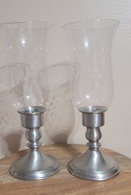 Leonard Web Pewter Weighted Candlesticks with Etched Glass Hurricanes Pair VTG 10" x 3""