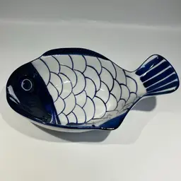 DANSK -Set of 2 - Vintage- “Arabesque” -Cobalt Blue and White -Fish Shaped Chowder Bowls- Trinket/Serving 9.5"x5.5”