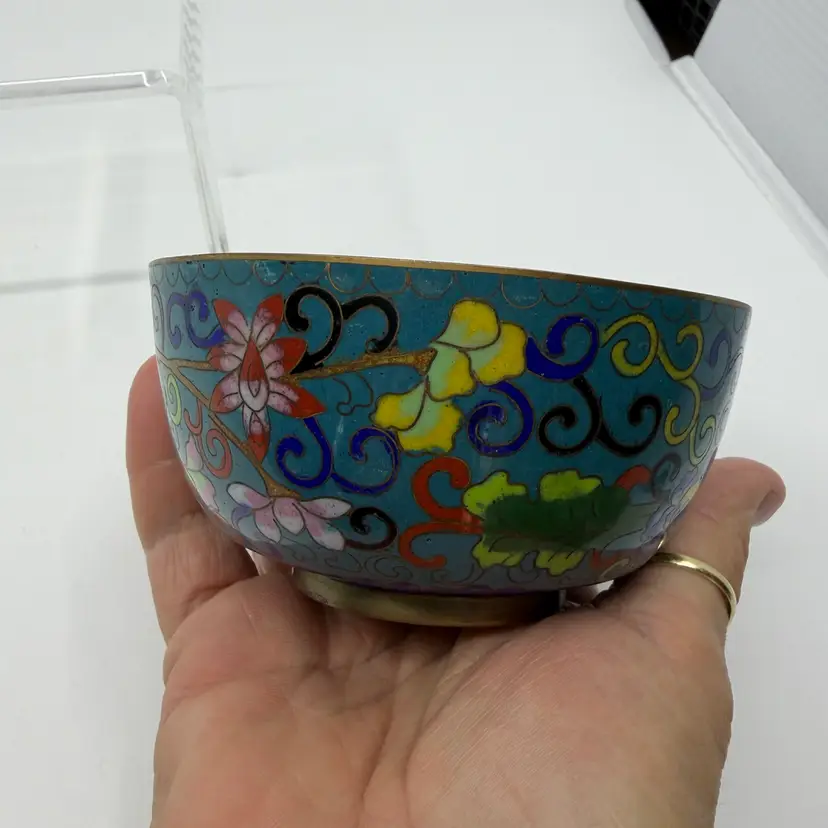 Vintage Blue CHINESE CLOISONNE ENAMELED FLORAL BOWL 4.25”
