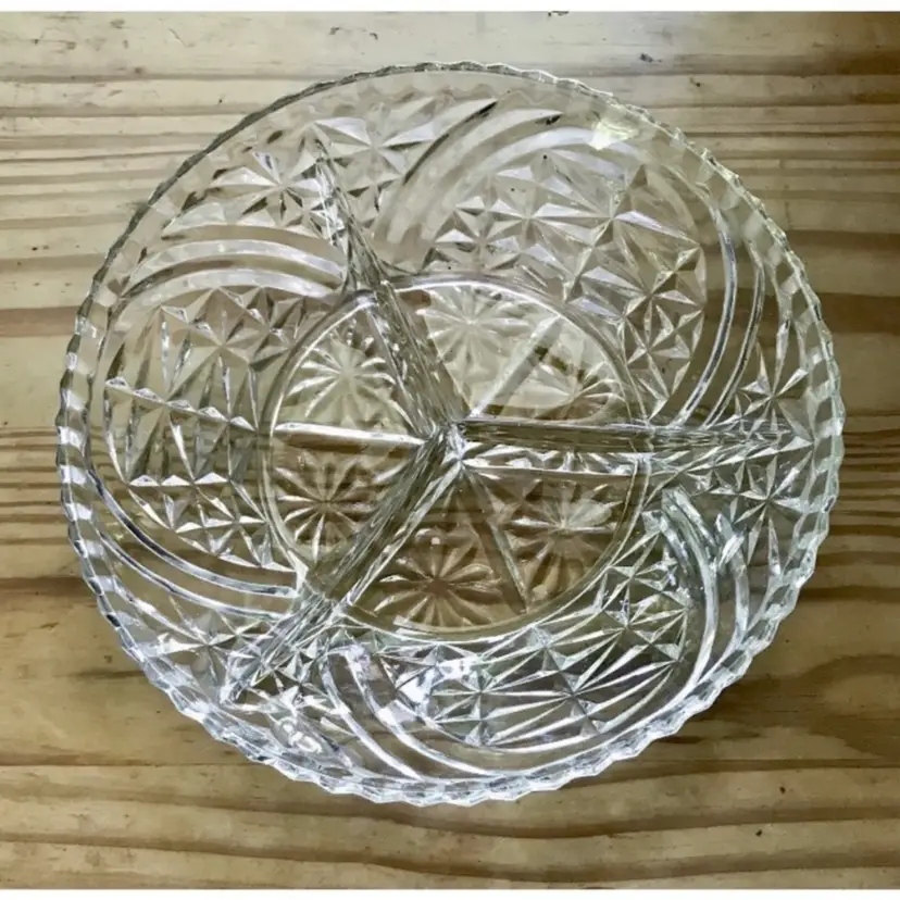 Vintage Pressed Glass Divided Nut Candy Dish Clear Mid Century Modern Fairy Core