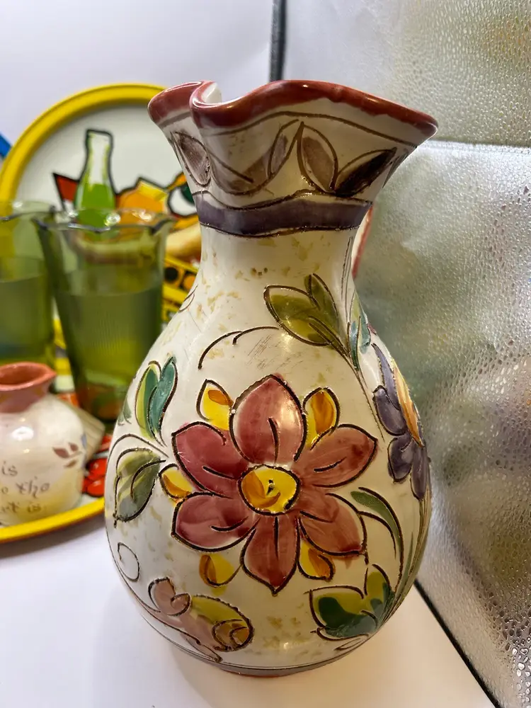 vintage Italian hand-painted ceramic pottery pitcher or jug. 10”