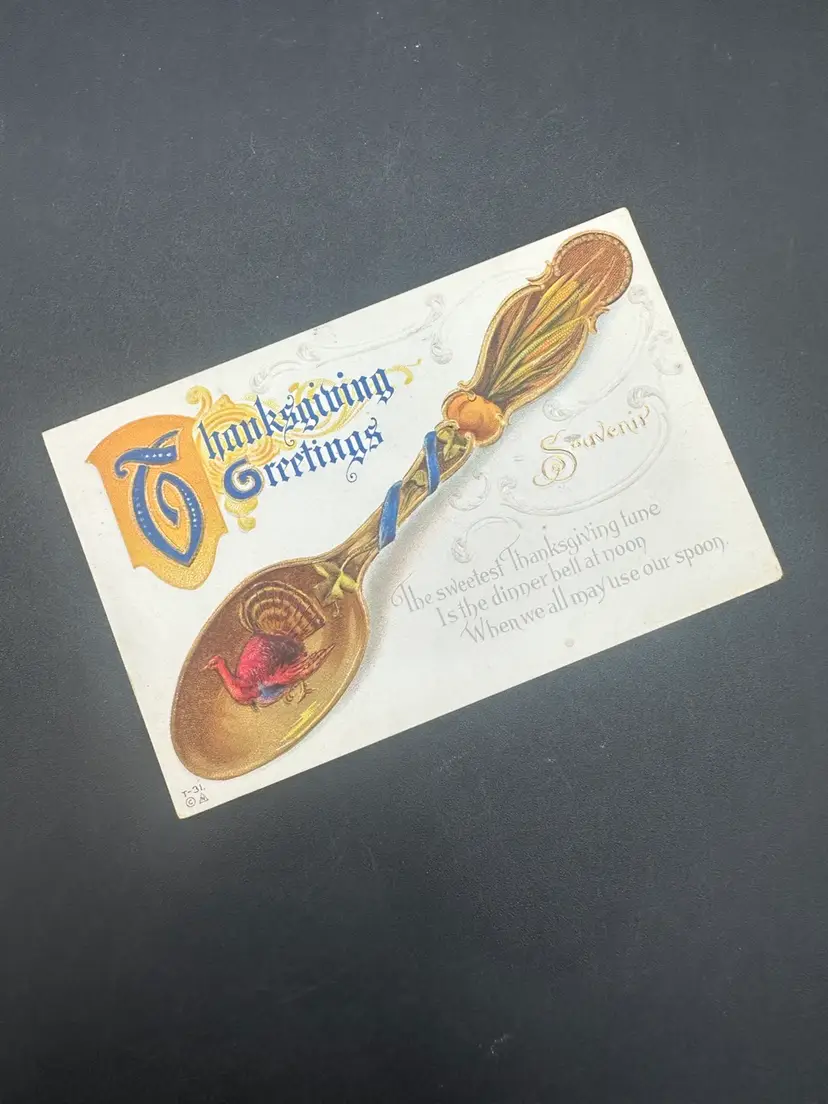 Antique Embossed Spoon Turkey Thanksgiving Postcard Postmarked 1916